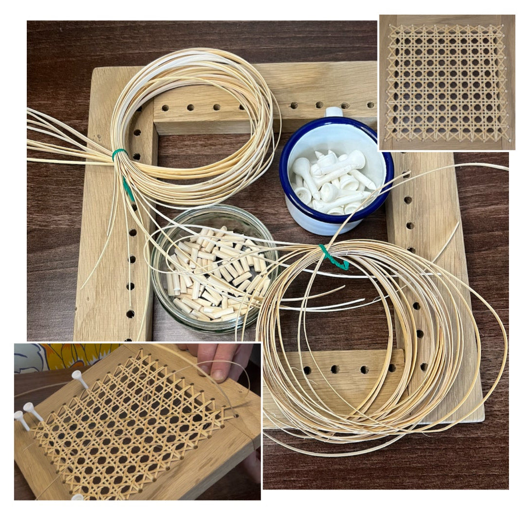 Contents of cane-weaving craft kit, with inlaid pictures of completed frame and a weave in progress